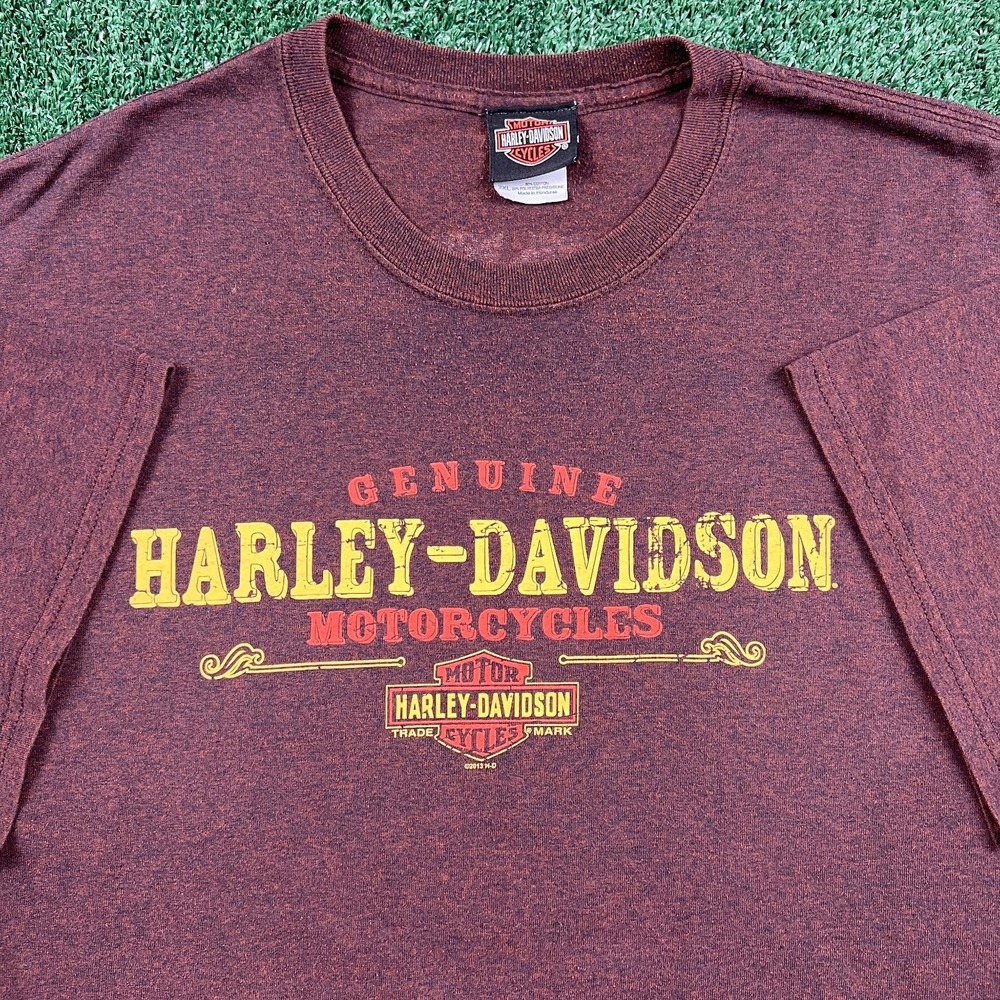 Harley-Davidson Motorcycles Biker T-Shirt Mens 2XL Brown Red 2014 Denney's MO